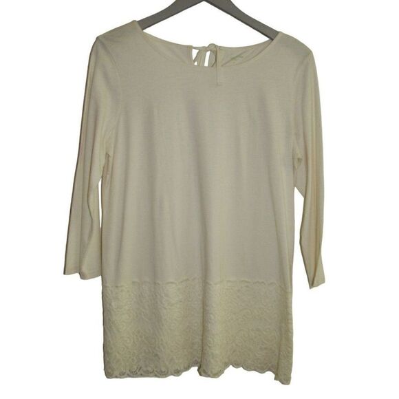 Garnet Hill Tops - Garnet Hill Cream 3/4 Sleeve Lace Hem Knit Tie‎ Neck Top Sz M